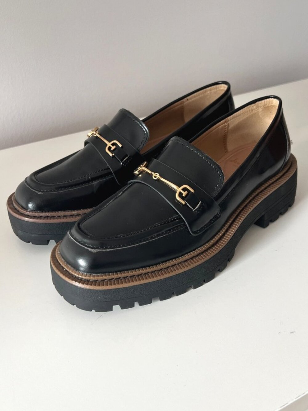 Sam Edelman Laurs Lug Sole Loafers Black Leather Platform Size 8